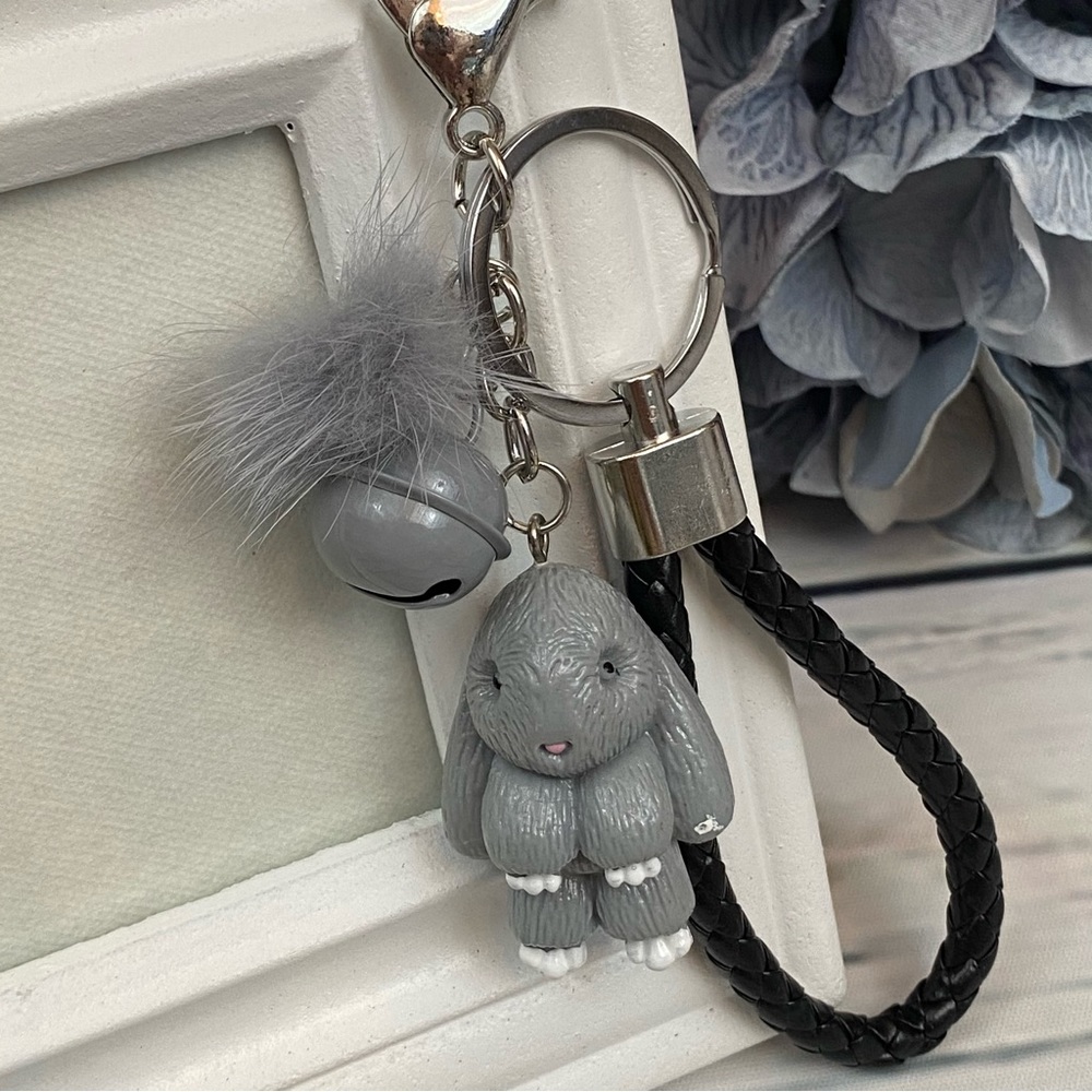 Gray Bunny Charm Keychain with Wristlet Strap